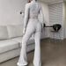 Solid Color Ribbed Two-Piece Set Zipper Long Sleeve Cropped Top High Waist Flared Pants Set Wholesale_ecoleips.com