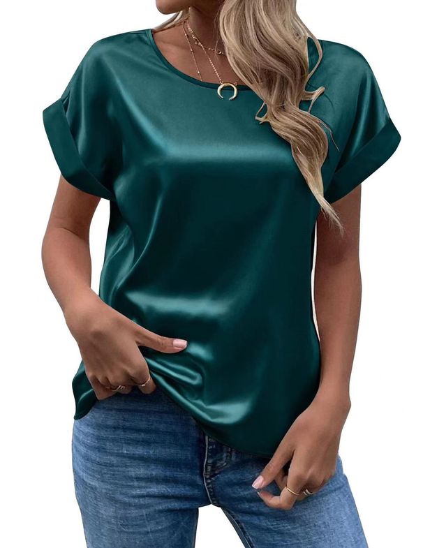 Women's Clothing Women's Satin Shirt Short Sleeved Loose Fit Casual Versatile Round Neck Blouse For Formal & Casual For Women_ecoleips.com