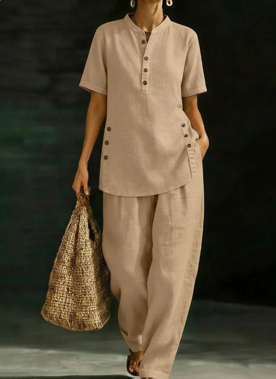 Women's Linen Button-Up Shirt Wide-Leg Pants Set Sky Blue Burgundy Beige Khaki Relaxed Fit Loungewear S-3XL_ecoleips.com