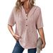 Women's Summer Waffle Knitted Short-Sleeved Top, Lightweight Drawstring Hoodie, Button-Down V-Neck Shirt_ecoleips.com