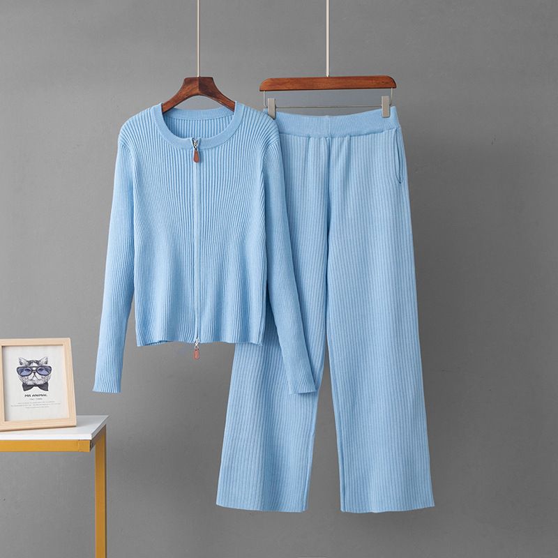 Women's Fashion Casual Two-Piece Set Cross Border Autumn Winter Leather Zip up round Neck Knitted Cardigan Loose Wide Leg Pants_ecoleips.com