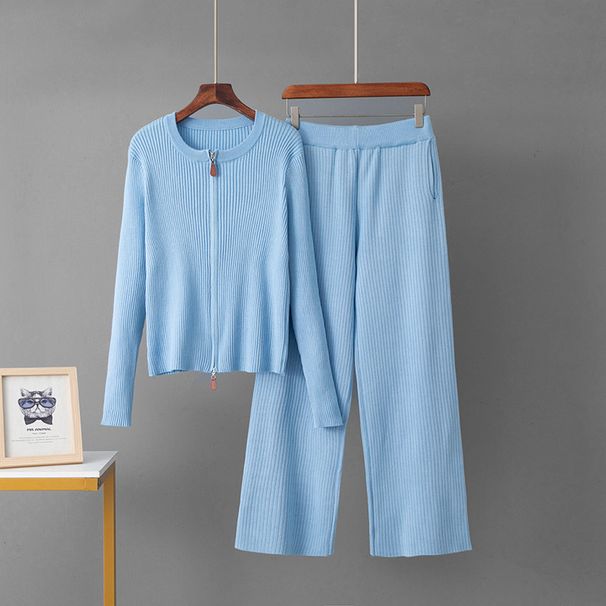 Women's Fashion Casual Two-Piece Set Cross Border Autumn Winter Leather Zip up round Neck Knitted Cardigan Loose Wide Leg Pants_ecoleips.com