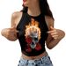 Halloween 's Top, New European And American Style, Skull Digital Print, Sleeveless Off-shoulder Short Tank Top For_ecoleips.com