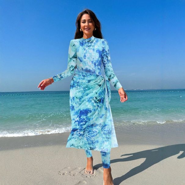 Muslim Swimsuit Conservative Floral Print Women's Three-Piece Swimsuit Set Long Sleeve Beachwear With Beach Skirt For Swimming And Water Sports_ecoleips.com