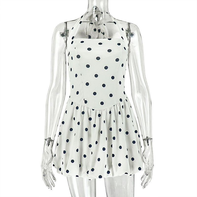 Black White Polka Dot Pleated A-Line Skirt Dress European American Style Ins Style Foreign Trade Trendy Halter Neck Sleeveless Short_ecoleips.com