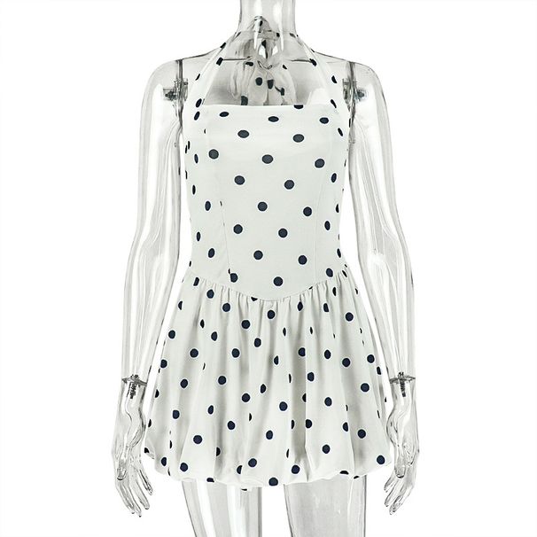 Black White Polka Dot Pleated A-Line Skirt Dress European American Style Ins Style Foreign Trade Trendy Halter Neck Sleeveless Short_ecoleips.com