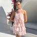 TARUXY 3D Flowers Ruffled Dress Women's 2026 Summer New Sexy Backless Halter Neck V-Neck Tiered Mini Dress Female Casual Dress_ecoleips.com