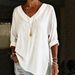 Women's Street Fashion V Neck Long Sleeve Cotton Linen Shirt Solid Color Loose Top European American_ecoleips.com