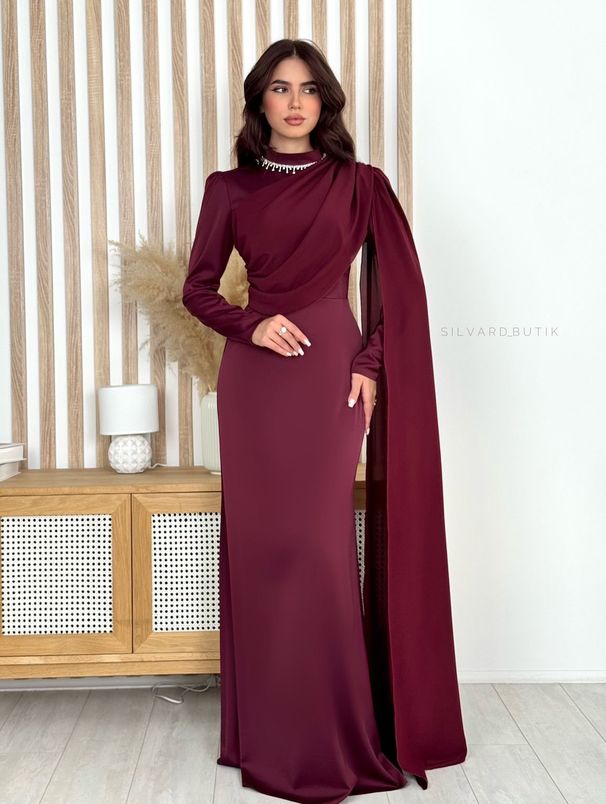 Women's Clothing Modest Abaya Dress Elegant Slim-Fit Long Sleeve Evening Dress – Rhinestone & Chain Detail A-Line Gown (White/Black/Red/Burgundy)_ecoleips.com
