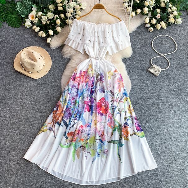 Elegant Off-Shoulder Long Dress With Rhinestone Embroidery Floral Print Waist-Defining Ruffle Sleeves Formal Evening Gown_ecoleips.com