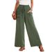Women's Summer Casual Trousers Solid Color Button Decoration Pockets Drawstring Elastic Waist Wide Leg_ecoleips.com