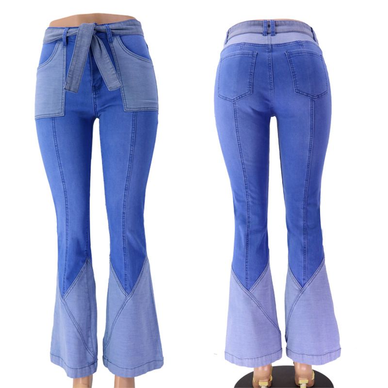 Women’s Clothing High Waist Two Color Splicing Belt High Quality Spot Women's Denim Flared Pants_ecoleips.com