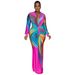 Women's Fashion Dress – Crinkle Textured Color-Block V-Neck Long Sleeve Bodycon Dress (S-Xxl, Blue & Rose Pink)_ecoleips.com