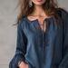 Navy Blue Lace-Collar Cotton-Linen Shirt – Vintage-Inspired, V-Neck, Bell Sleeves & Drawstring Detail_ecoleips.com