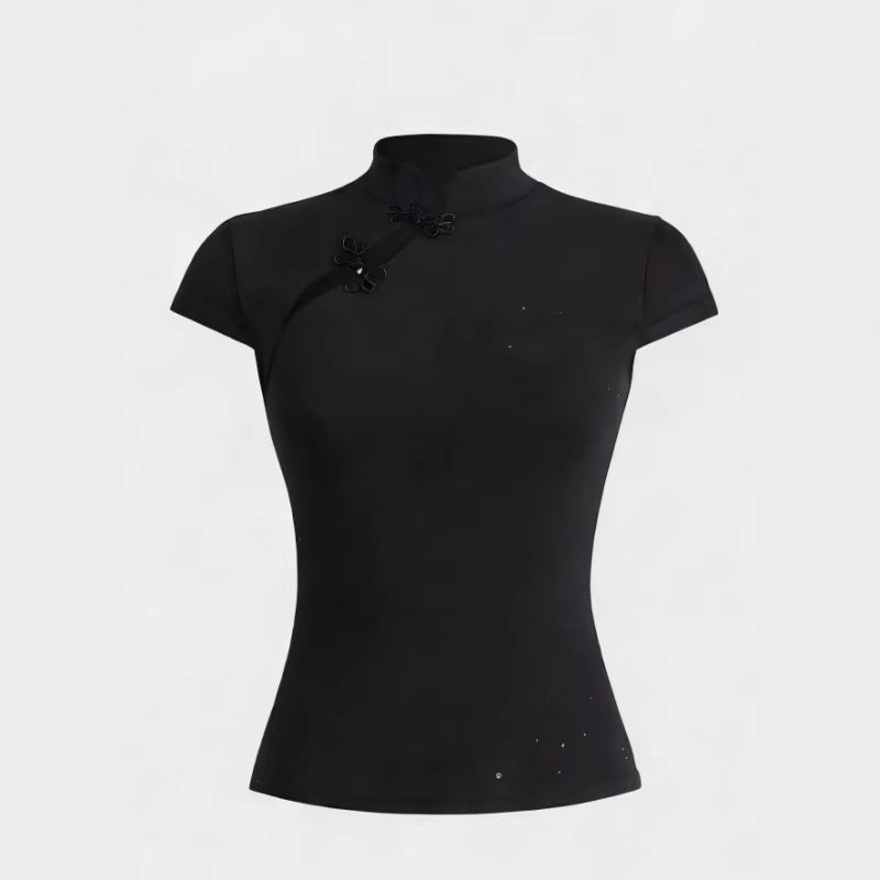 New Chinese Style Women's T-Shirt Button Design Slim Fit Sexy Style Cheongsam Collar Short Sleeve Top Niche 2026_ecoleips.com