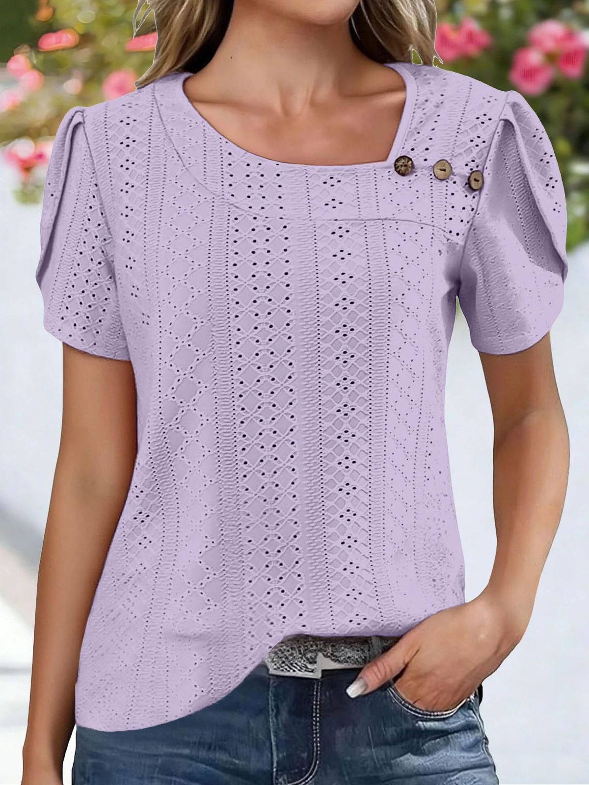 Cross-border 2026 V-neck Casual Buttoned Solid Color Hollow Short-seve Women's Top T-shirt Short_ecoleips.com
