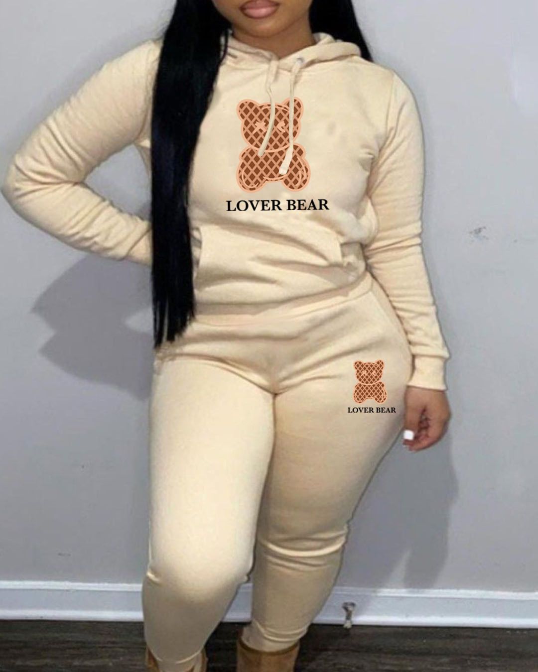 Women's Casual Hooded Sweatshirt Set With Bear Head Print Style In Stock Sweatpants_ecoleips.com
