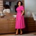 Women's Elegant Fitted Waist Round Neck Puff Sleeve Full Skirt Dress_ecoleips.com