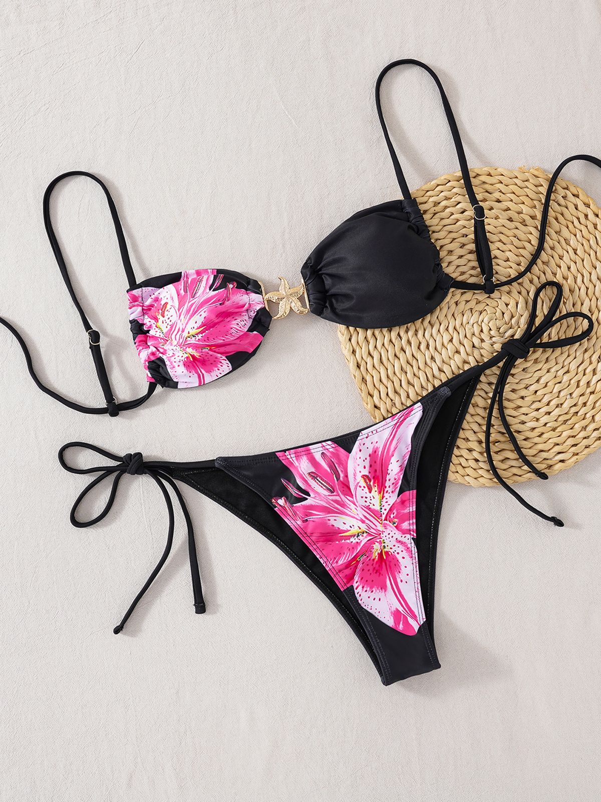 Women's Clothing Bikini Set Strap Starfish Metal Drawstring Low Waist Sexy Swimsuit Set_ecoleips.com