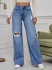 Cross-border European And American Fashion Trend Loose Ripped Women's Washed Pocket Mid-waist Wide-leg Straight Jeans_ecoleips.com