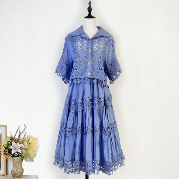Women's Clothing Light Luxury Lace Hollow Lace Shirt Elastic Waist A Line Skirt Suit_ecoleips.com