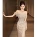 off the Shoulder Evening Gown Elegant High End Light Luxury Mermaid Tail Sequined Dress for Engagement Parties And Banquets New Style 2026_ecoleips.com