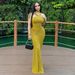Women's Cross Neck Slimming Fishtail Dress Solid Color Pleated Waist European American Style Autumn Winter Fashion_ecoleips.com