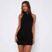 Women's Clothing Elegant High Neck Halter Mini Dress - Backless Slim Fit Black & White & Dark Brown For Women_ecoleips.com
