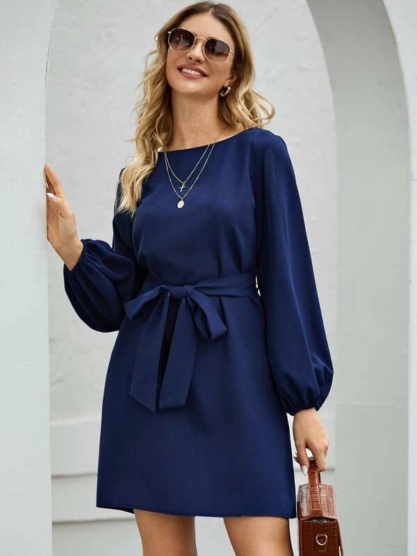 Women's Mid-Length Slimming Pullover Dress High Waist Solid Color Temperament European American Style Casual High Waist Dress_ecoleips.com