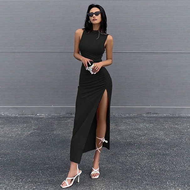 Voya Women's Round Neck Sleeveless Slit Dress, Summer New Style, Pure Desire Style, Hip Bag, Mid Length Skirt For Women_ecoleips.com