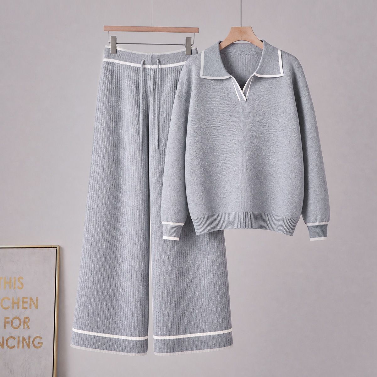 Women's Fashion Casual Suit Wide Leg Pants Knit Two Piece Set Long Sleeved Polo Collar Top Bottoms Matching Ensemble_ecoleips.com