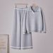 Women's Fashion Casual Suit Wide Leg Pants Knit Two Piece Set Long Sleeved Polo Collar Top Bottoms Matching Ensemble_ecoleips.com