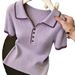 Women's Korean Style Purple V-Neck T-Shirt Short Sleeved Collared Knitted Cropped Top Summer New Arrival_ecoleips.com