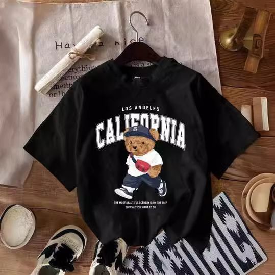 Women's Clothing Casual California College Style White Bear Print Round Neck Short Sleeve Fitted Women's T Shirt Suitable For Summer_ecoleips.com