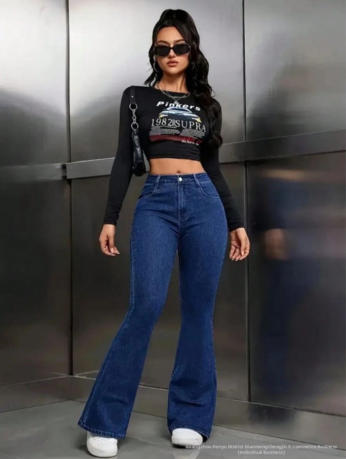Dark Blue High-Waisted Women's Jeans Slightly Flared Stretchy Slimming Commuting Hot Pants European American Style Cross Border 2026_ecoleips.com