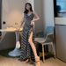 Little Black Slip Dress for Women Sexy V Neck Retro Long Side Slit Stylish Elegant Gown_ecoleips.com