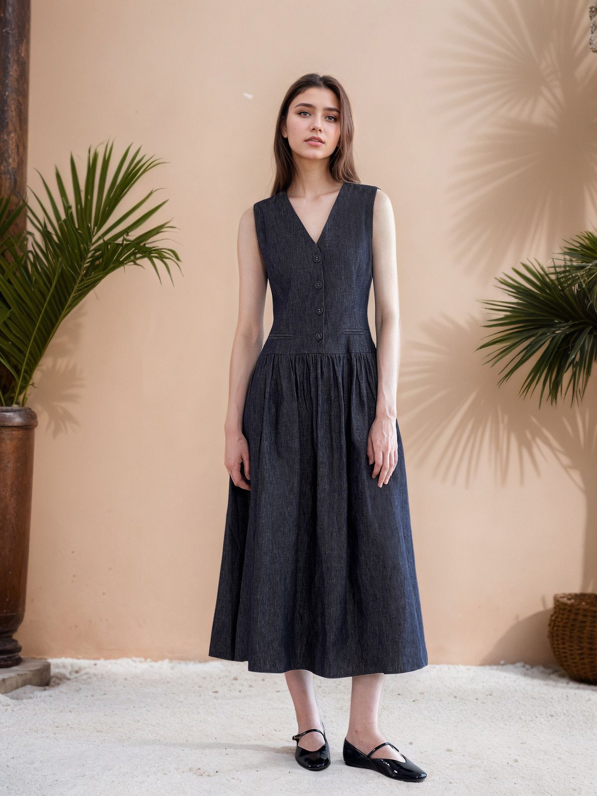 Elegant V-Neck Midi Dress – Loose-Fit Sleeveless Summer Dress With Pockets (Navy Blue) Lined Construction_ecoleips.com