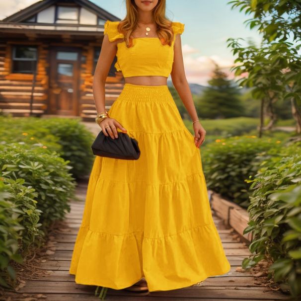 European And American Cross-Border Trade Clothing Solid Color Sexy Style Ruffled French Strap Dress Two-Piece Set_ecoleips.com