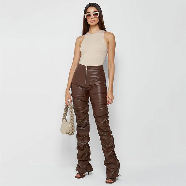 Women's Clothing Fashion Tight PU Leather Trousers Personalized Folded Flared Pants Women's New Style for Four Seasons_ecoleips.com