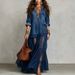 Women's Retro Lapel Faux Denim Long Dress With Pockets_ecoleips.com