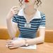 Women's Clothing Summer New Color Matching Striped Short Sleeved T Shirt Women's Slim And Versatile Contrast Color Collar T Shirt Women_ecoleips.com