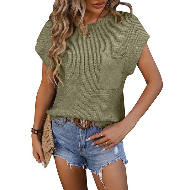 2026 New Cross-Border European And American Fashion Hot-Selling Women's Round Neck Pocket Decorated Short Sleeve_ecoleips.com