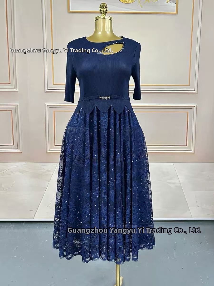 Miyake Gold Foil Slimming Dress For Plus Size Women Elegant African Round Neck Summer_ecoleips.com