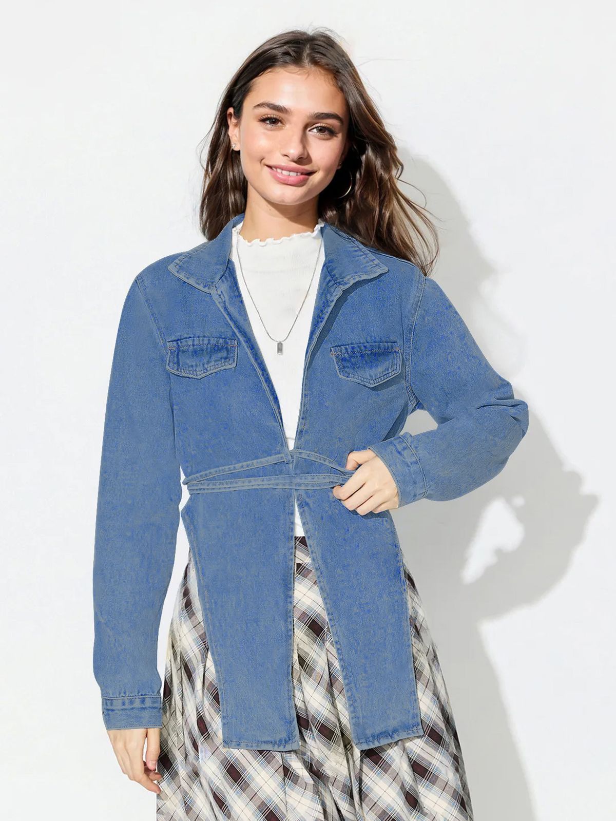 Women's Clothing Fashionable Personalized Lapel Drawstring Statement Denim – Belted Collar Long-Sleeve Shirt In Vintage Wash For Streetwear Edge_ecoleips.com