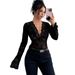 European American Cross-border 2026 Spring New Women's V-neck Lace And Mesh Bell-sleeve T-shirt Top_ecoleips.com