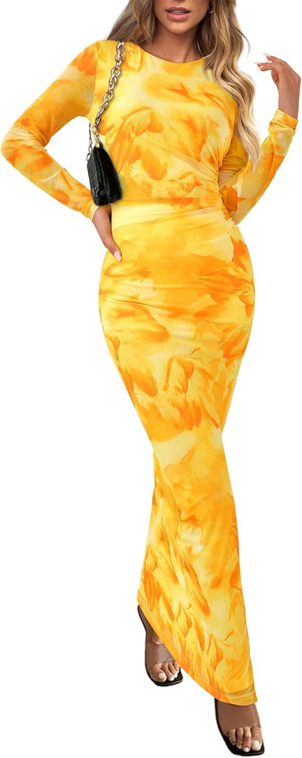 Women's Clothing Autumn Long Sleeved Floral Print Tight Pleated Sexy Dress_ecoleips.com