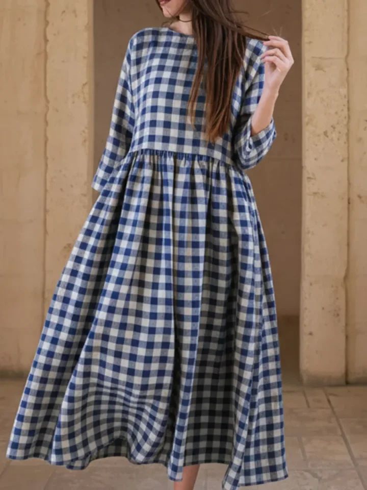 2026 Women's Spring/Summer Retro Checkered Long Dress With Elegant V-Neck And French-Style Design_ecoleips.com