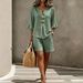 Women's Casual Cotton Top And Shorts Set V Neck Ruffle Three Quarter Sleeve Button Detail European American Style Summer Wear_ecoleips.com