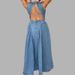 Voya Women's 2026 Spring New Fashionable Commuter Solid Color Round Neck Waist Waist Bareback Dress Cowboy Color_ecoleips.com