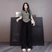 Women's Clothing Summer Fashion Set Casual Striped Collar Top And Wide Leg Pants Two Piece Outfit Thin Short Sleeve_ecoleips.com
